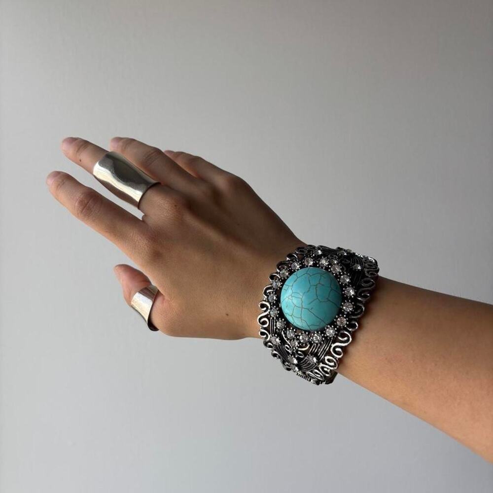Vintage Silver Turquoise Cuff Bracelet with ornate scrollwork and rhinestones